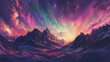 © Thiago - Stunning panoramic view of a majestic mountainous landscape with a dramatic colorful sky filled with mystical celestial phenomena like the aurora borealis glowing galaxies. Aurora Ridge. Illustration