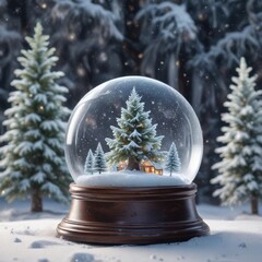 Frosty snow globe scene with shining Christmas tree amidst swirling snowflakes and glittering icicles , frozen, christmas, frosty