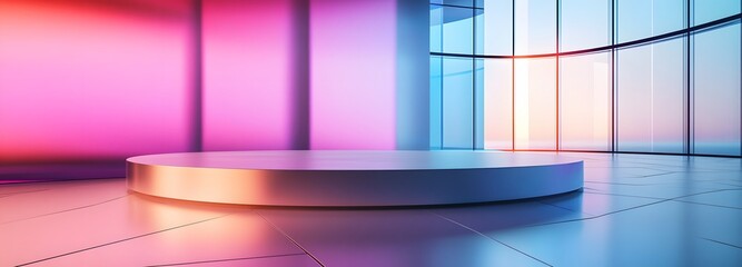 Wall Mural - a podium set against the backdrop of a futuristic high-tech building, with holographic displays and 