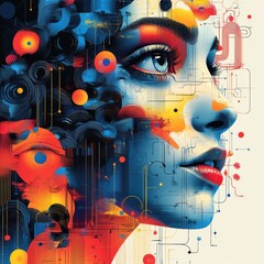 Poster - Intricate and Vibrant Digital Illustration of a Woman's Face with Abstract Geometric Patterns and Bold Colorful Accents in Futuristic Design