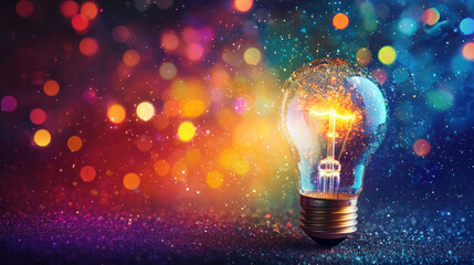 Wall Mural - A glowing light bulb surrounded by colorful bokeh lights creates inspiring atmosphere