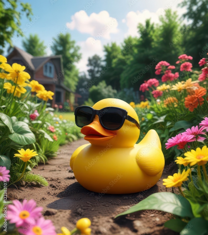 Yellow rubber duck wearing trendy sunglasses on a farm amidst greenery ...
