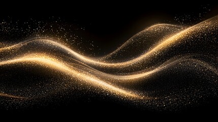 Poster - Elegant golden glitter waves flowing gracefully across a deep black background creating a luxurious and shimmering effect that is perfect for glamorous designs and festive