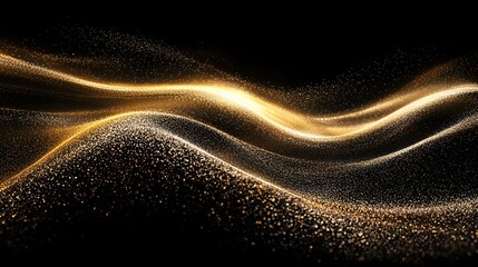 Fototapete - Mesmerizing gold glitter particles forming a dynamic wave pattern on a sleek black background radiating elegance and sophistication with a shimmering texture that exudes luxury and opulence