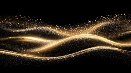Poster - Elegant gold dust glitter and sparkle wave texture gracefully flowing across a deep black background creating a mesmerizing and shimmering effect perfect for glamorous designs