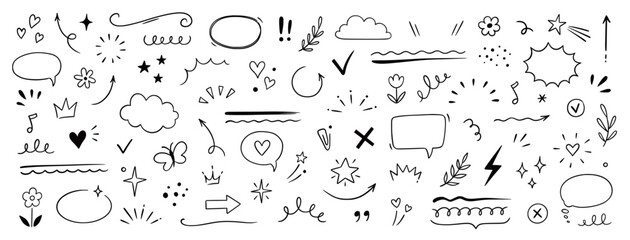 Fototapete - Cute line sketch star, arrow, cloud decoration element icon set. Hand drawn sketch doodle cute star, heart, flower element. Line text decoration scribble shape icon. Hand drawn Vector illustration.