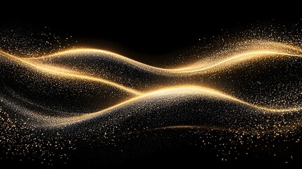 Poster - Mesmerizing and Opulent Golden Wave Texture with Scattered Sparkling Particles Cascading over a Rich Black Background Creating a Captivating and Elegant Visual Appeal