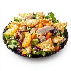 A colorful plate of Asian chicken salad with mandarin oranges and crispy wontons, isolated white background, abstract art style