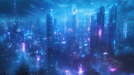 Wall Mural - futuristic cyberpunk cityscape with skyscrapers and neon lights illuminating the night sky, creating