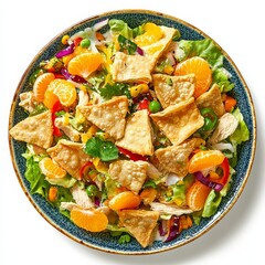 A colorful plate of Asian chicken salad with mandarin oranges and crispy wontons, isolated white background, abstract art style