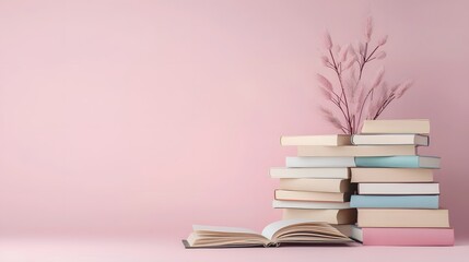 Aufkleber - A neatly arranged stack of textbooks and an open notebook placed on a vibrant pink background capturing the essence of education knowledge and the pursuit of lifelong learning
