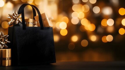 Poster - Luxurious Black Friday Shopping with Stylish Black Shopping Bag Packed Full of Elegant Gift Boxes against a Warm Glowing Bokeh Background Representing Excitement and Great Deals for the Holiday Season