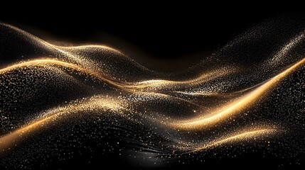 Poster - Elegant golden shimmer particles swirling in a mesmerizing wave pattern on a dark black background creating a luxurious and captivating aesthetic that enchants the senses