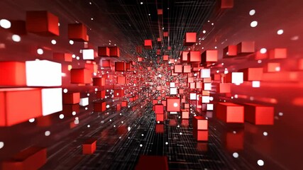 Wall Mural - dynamic 3d red and white blocks moving through a digital space in an abstract representation of tech