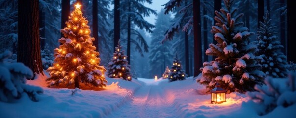 Wall Mural - Snowy forest floor illuminated by Christmas tree lights and lanterns, christmas trees,