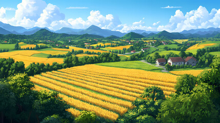 Canvas Print - Aerial view of lush green and golden yellow rice fields, agriculture, landscape, aerial, vibrant, rural, farm. Amber Grove. Illustration