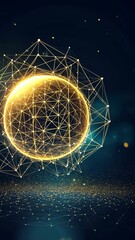 Wall Mural - golden geometric sphere surrounded by luminous connections in a dark background