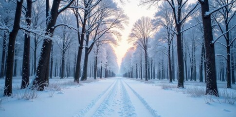 Wall Mural - Snowy forest landscape with bare trees and frosty atmosphere, serene, forest, frost