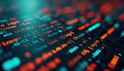 Abstract tech background shows programming code. Dynamic display of coding language. Visual representation of software development process. Modern digital interface. Illustrates complex information.