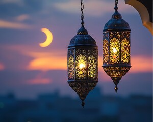 Two illuminated lanterns at sunset with crescent moon.