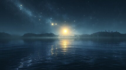 Wall Mural - Misty lake at night, sun rising over silhouetted islands under starry sky.