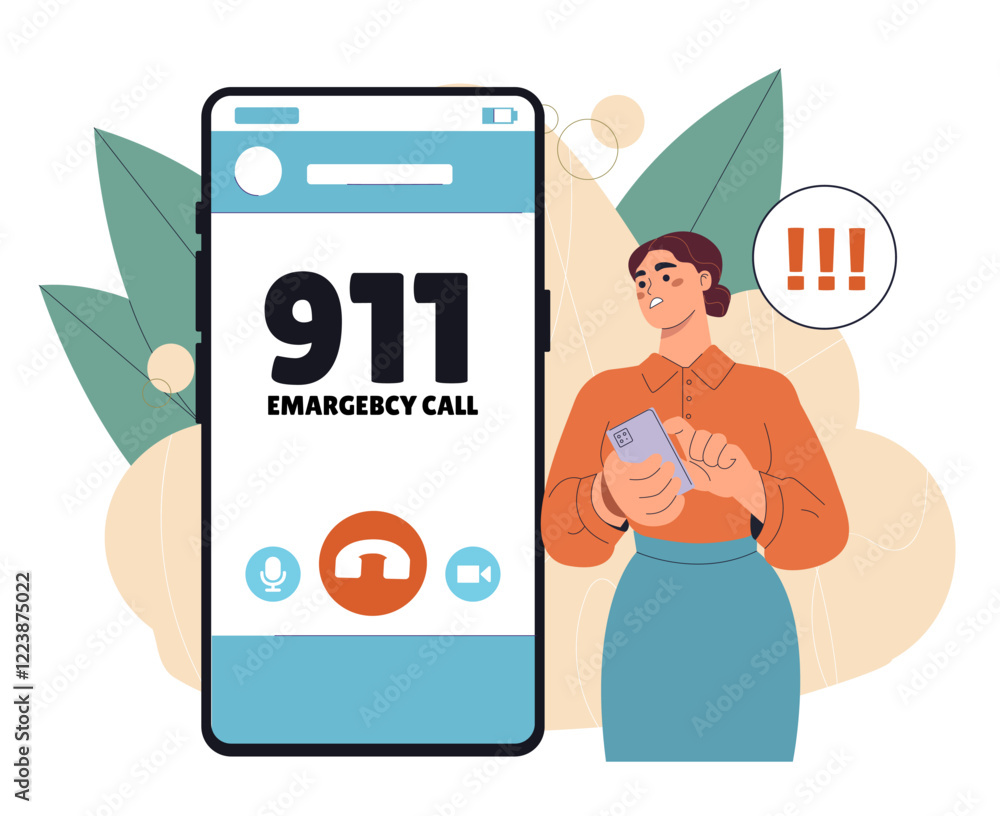 Woman holding phone next to large screen displaying 911 emergency call ...