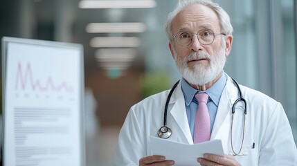 Senior doctor reviewing charts in hospital hallway