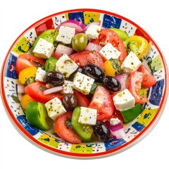 A colorful plate of Greek salad with feta cheese and Kalamata olives, isolated white background, abstract art style