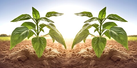 Two vibrant pepper seedlings thriving in fertile soil under sunlight.