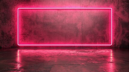 Wall Mural - Pink Neon Light Frame on Grungy Wall Background Modern Abstract Design Illuminated Rectangle