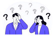 © Bi - confused people with confusion problem or doubt lost in trouble or complexity complicated questions or misunderstanding concept businessman and businesswoman with many of confused question marks.