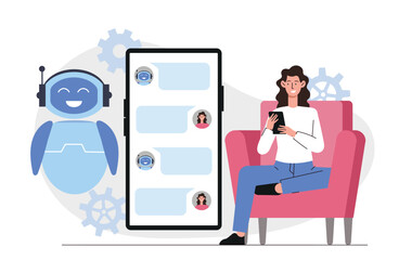 woman using a smartphone to chat with a friendly chatbot, depicted on a screen. modern graphic desig
