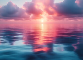 Wall Mural - Pink and blue sunset reflected in calm ocean water.