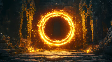 Poster - A glowing magical circle radiates golden light and fire sparks, set in a dark temple environment with ancient stone walls. Blazing Cavern. Illustration