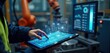 © Pete - Engineer uses tablet to monitor machine in real-time. Generative AI tech is in the system. Monitoring system shows circuit boards. Industrial setting with robots. Advanced tech for production.
