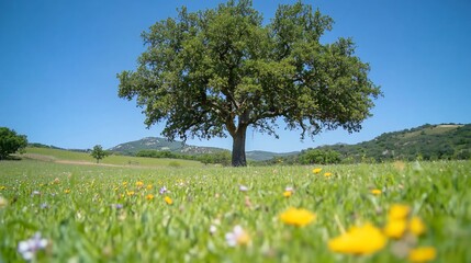 Wall Mural - Lone oak tree in meadow, hills background; nature scene