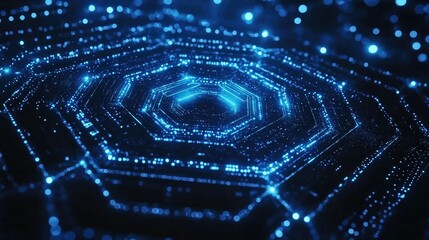 Wall Mural - blue and black hexagon background with integrated glowing lines, evoking a cybernetic aesthetic