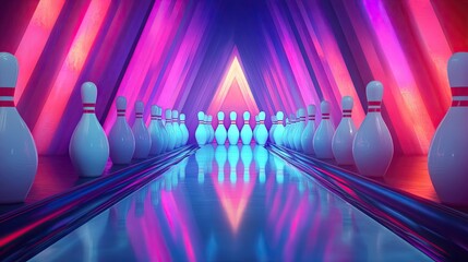 Wall Mural - close-up of bowling pins being arranged in a perfect triangular formation at the end of a glossy lan