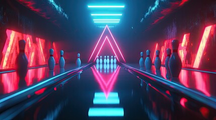 Wall Mural - close-up of bowling pins being arranged in a perfect triangular formation at the end of a glossy lan