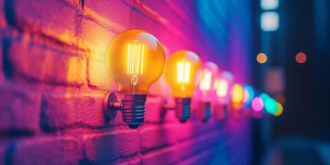 Creative inspiration row of glowing light bulbs