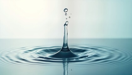 Poster - Clear water drop creates splash. Ripples spread outward in circular patterns. Abstract water imagery. Clean liquid. Fresh water drop. Falling droplet. Nature scene. Water droplet impact on surface.