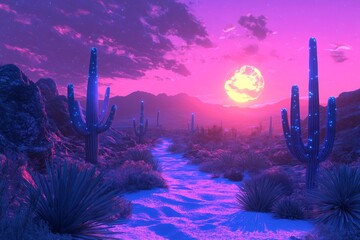 Wall Mural - Sunset over desert landscape with cacti