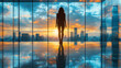 © あおなみ - A professional female model walking through a glass office building lobby, high resolution, sharp colors --