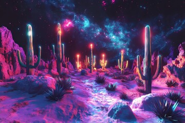 Wall Mural - Neon Cactus Desert Under a Starry Sky