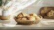 © Suphawan - Flaky croissants in a wicker basket, placed on a countertop with a cozy bakery ambiance in soft natural light