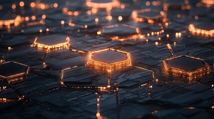 Wall Mural - glowing hexagonal network with data nodes, symbolizing connectivity and advanced technology