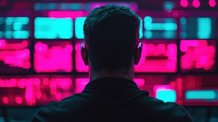 A Man Observing a Wall of Glowing Screens in a Futuristic Setting