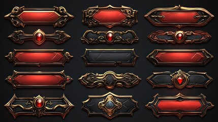 Red and black ornate game UI buttons.