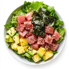 Sticker - Diced tuna seaweed avocado and pineapple over mixed 