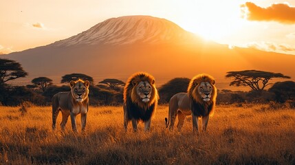 Wall Mural - African lions sunset savanna mountain wildlife